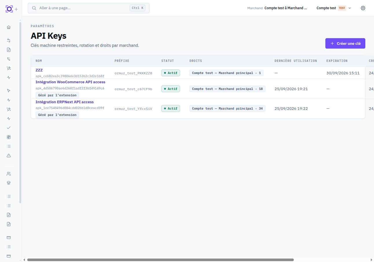 Gestion des clés API : préfixes, statuts, droits et expiration.