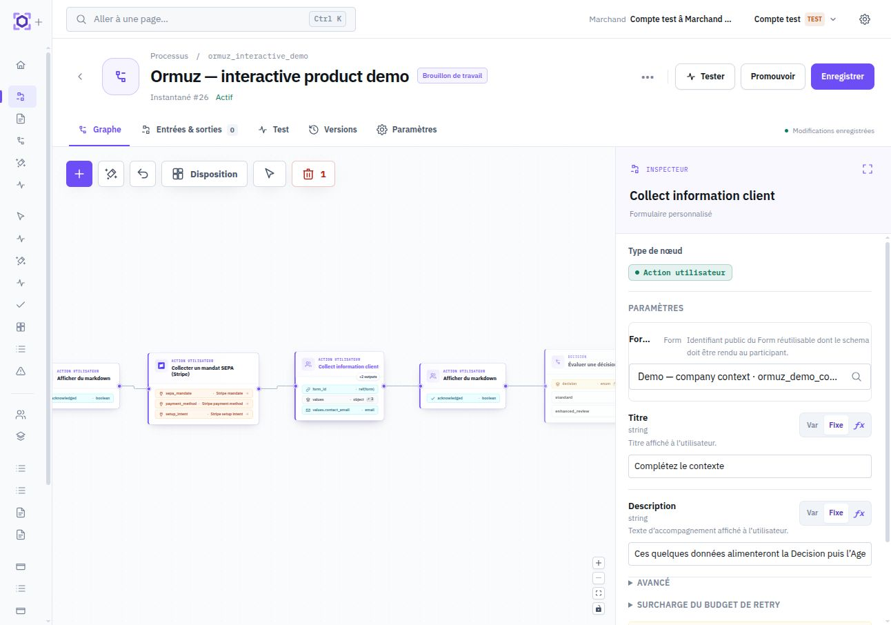 Le node de formulaire personnalisé référence un Form réutilisable et expose les valeurs collectées au processus.