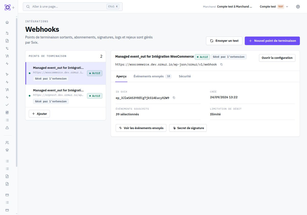 Console : endpoints webhooks, abonnements et historique des livraisons.